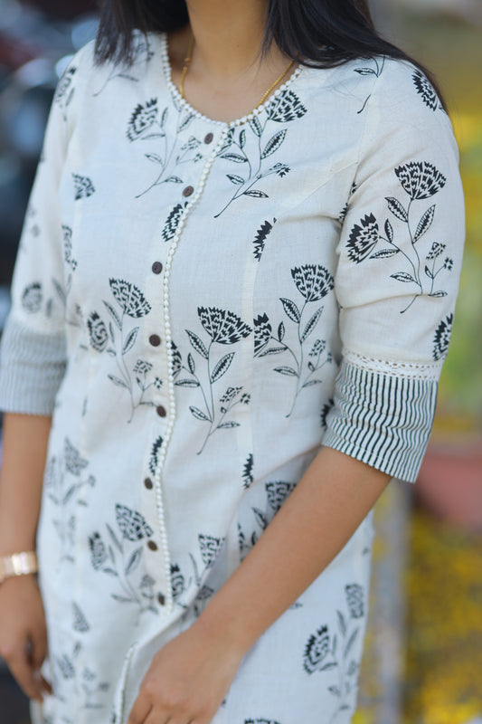 White kurta with black florals