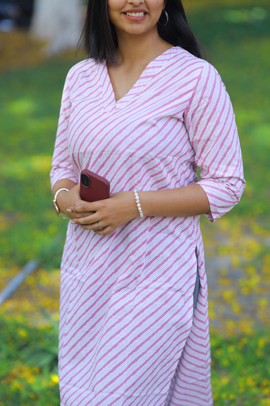 Pink Stripes Cotton Kurta