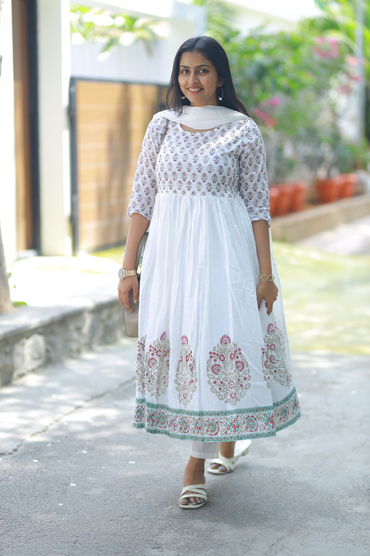 White Mul Cotton Block Print 3Pc Umbrella Kurta Set