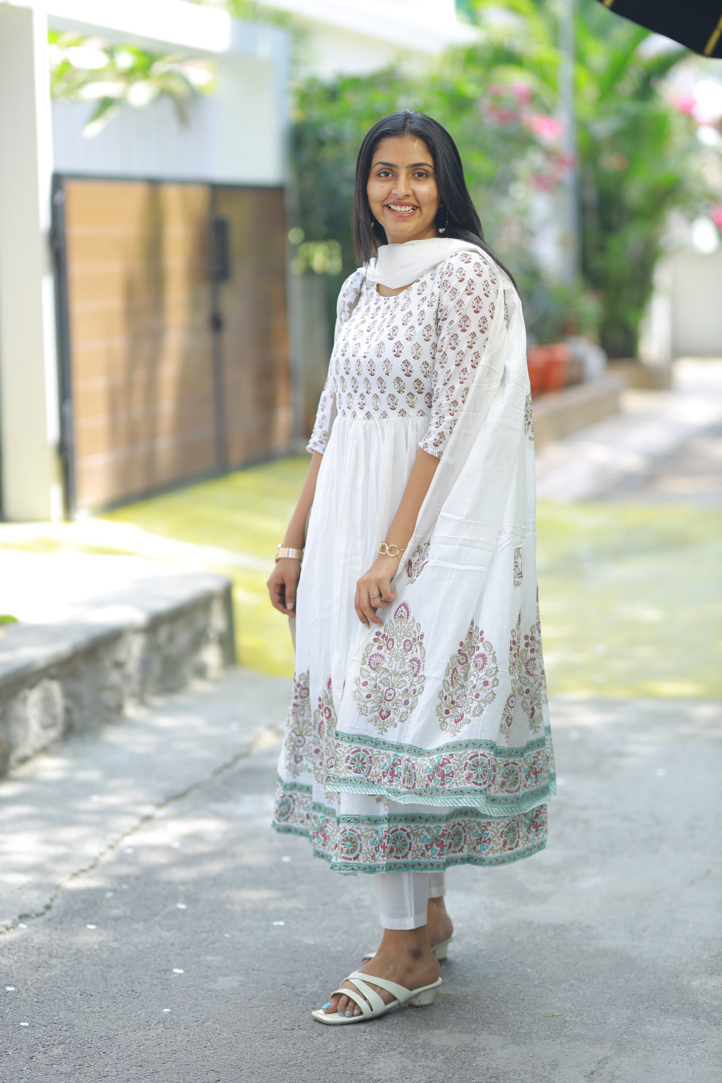 White Mul Cotton Block Print 3Pc Umbrella Kurta Set