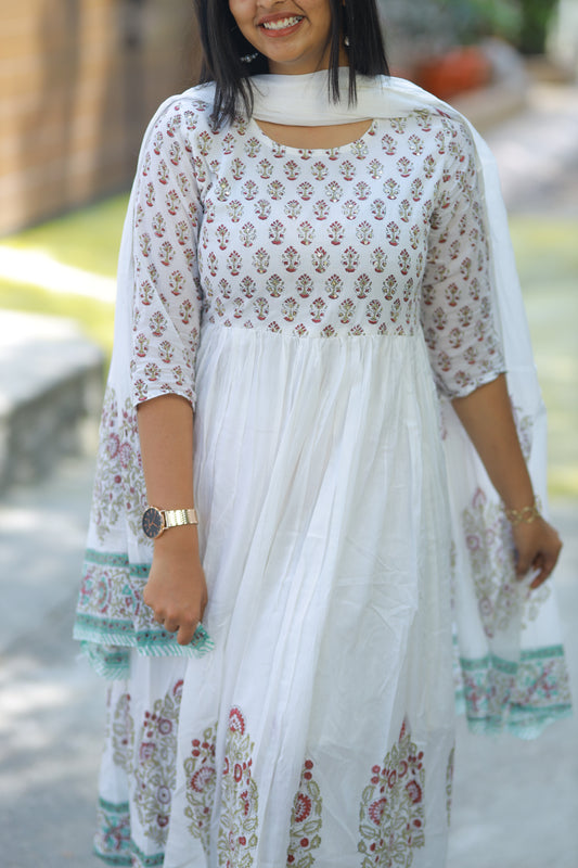 White Mul Cotton Block Print 3Pc Umbrella Kurta Set