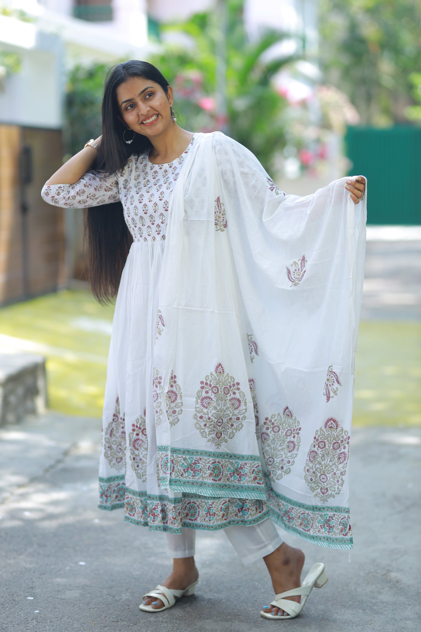 White Mul Cotton Block Print 3Pc Umbrella Kurta Set