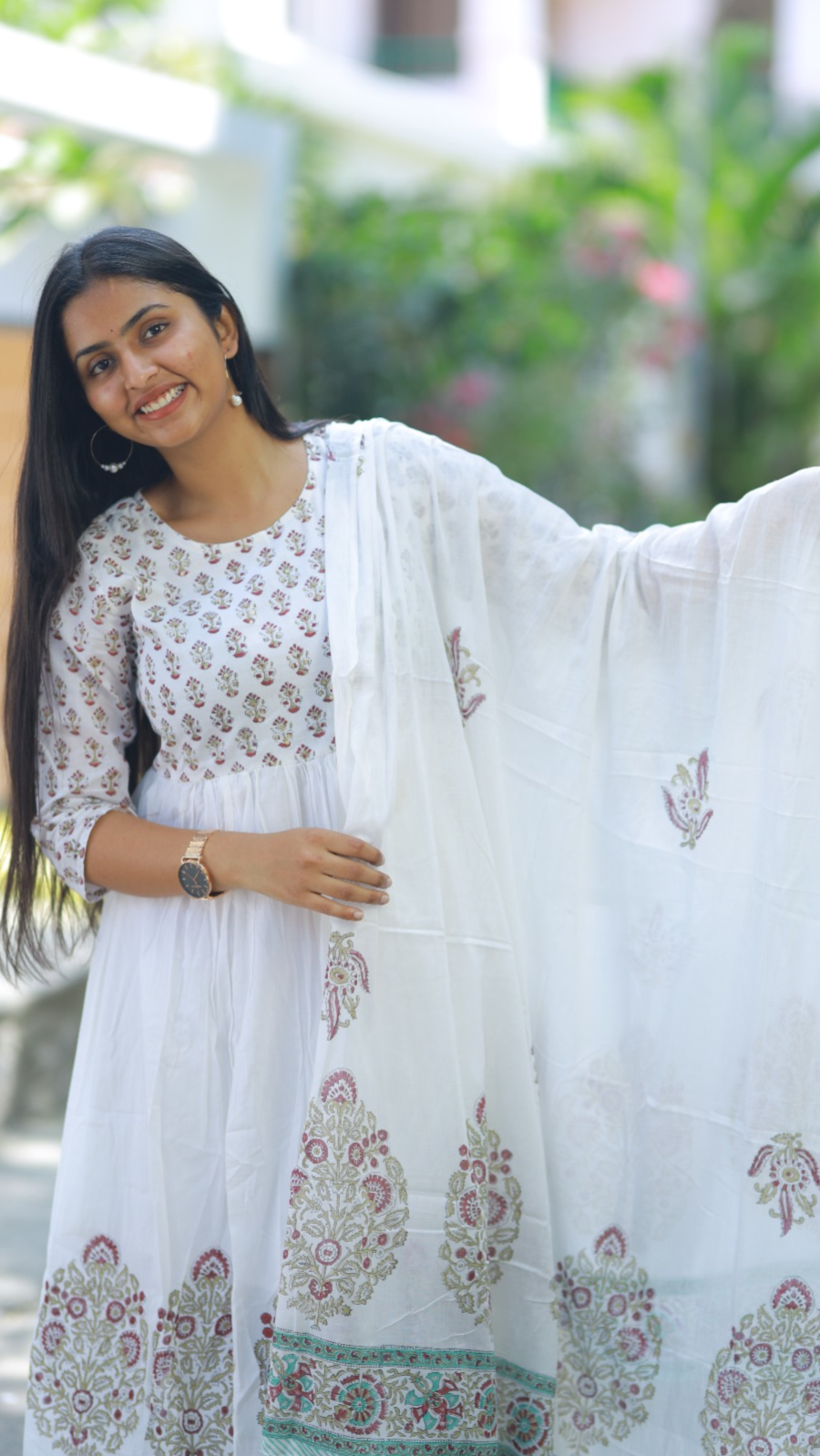 White Mul Cotton Block Print 3Pc Umbrella Kurta Set