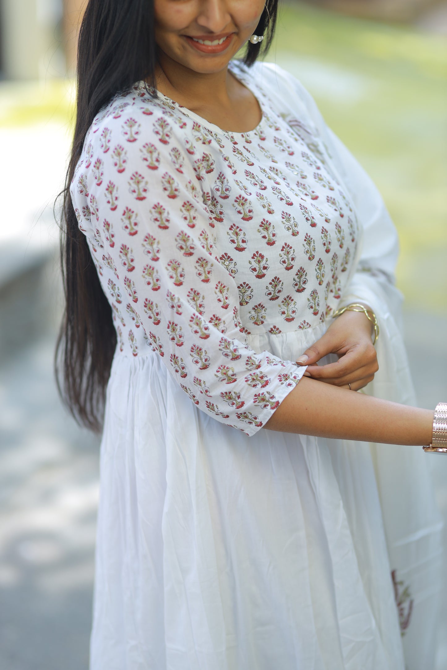 White Mul Cotton Block Print 3Pc Umbrella Kurta Set