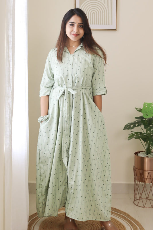 Akriti - Subtle green collared maxi with leaf design