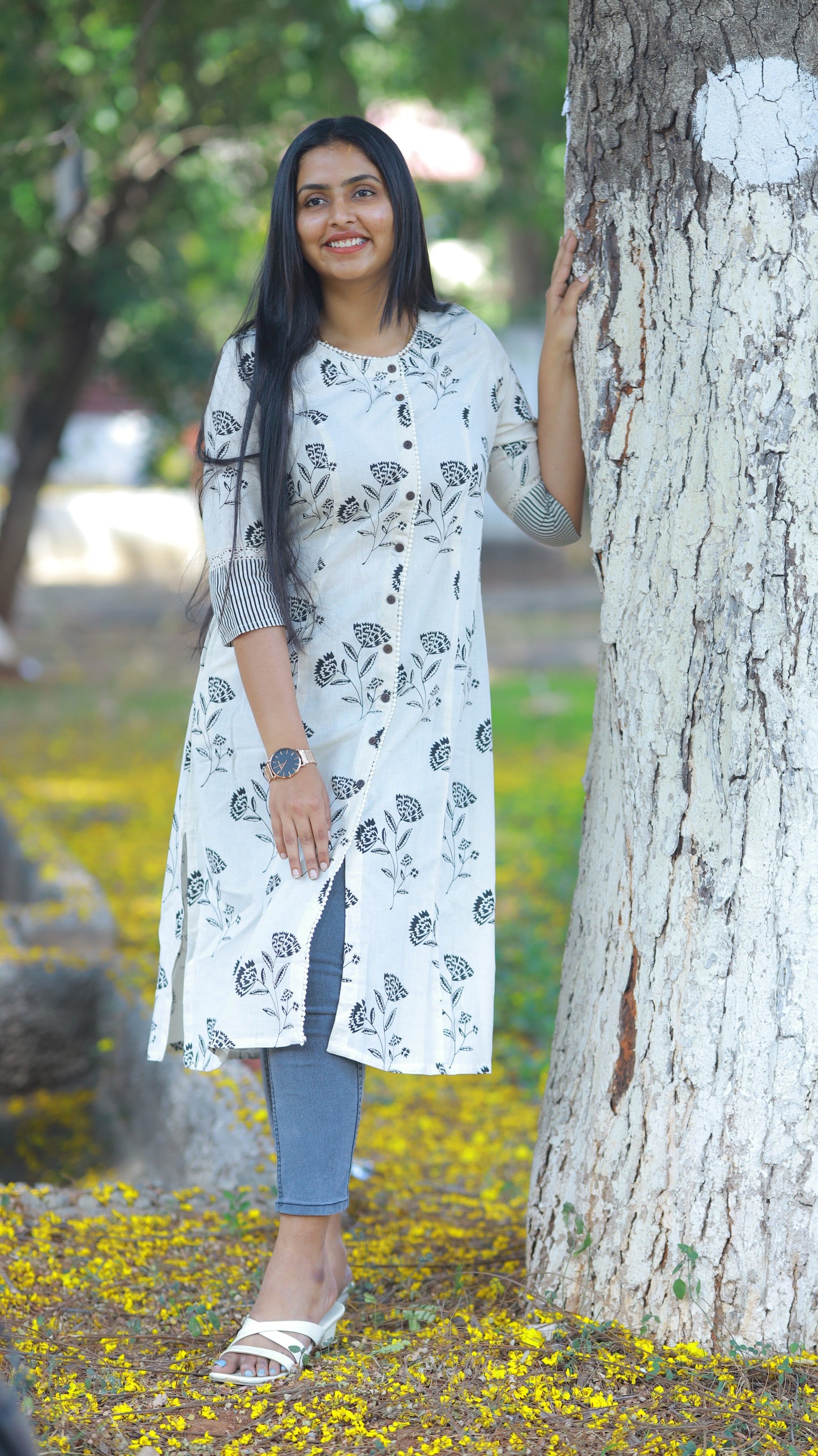 White kurta with black florals