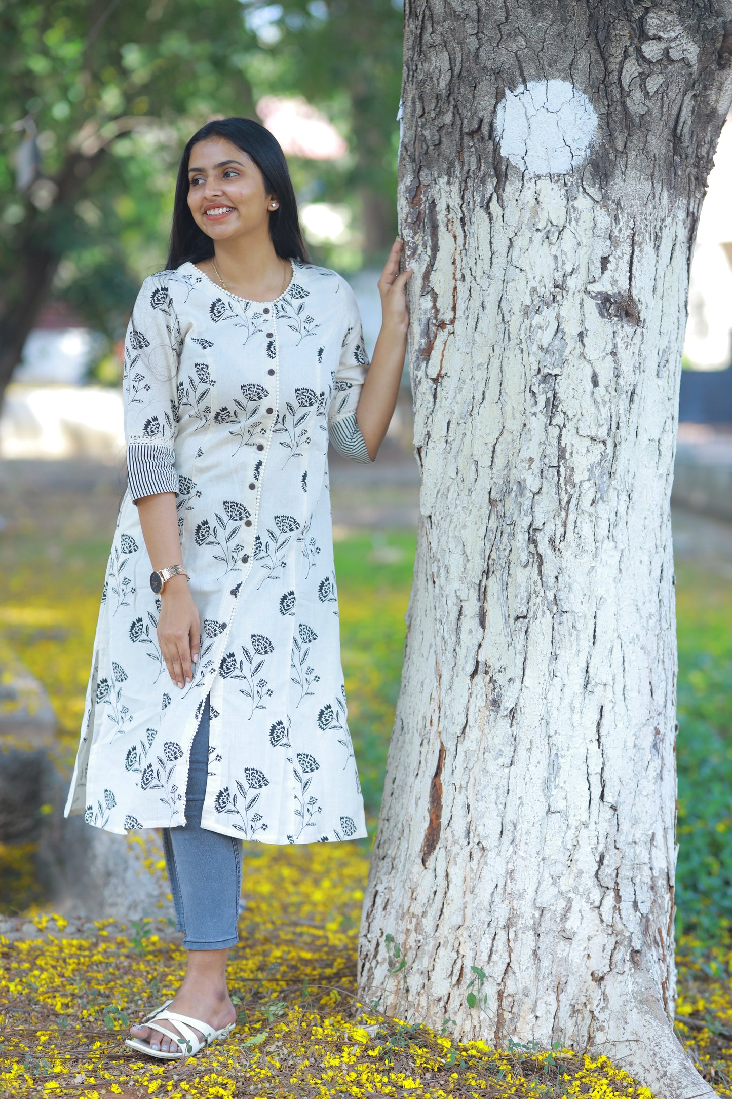 White kurta with black florals