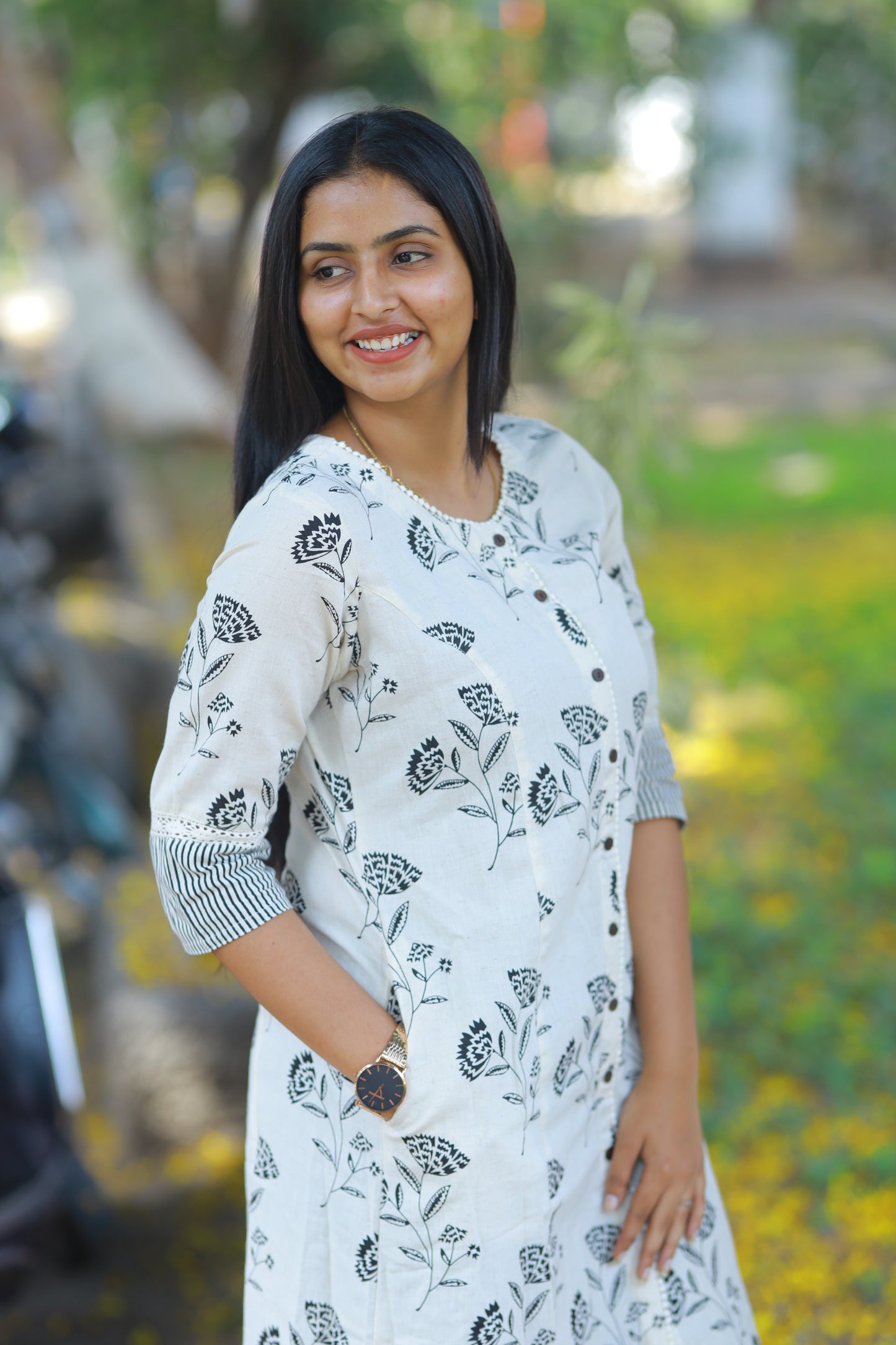 White kurta with black florals