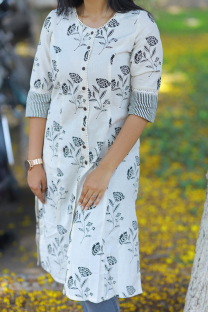 White kurta with black florals