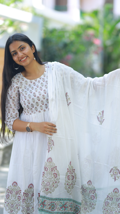 White Mul Cotton Block Print 3Pc Umbrella Kurta Set