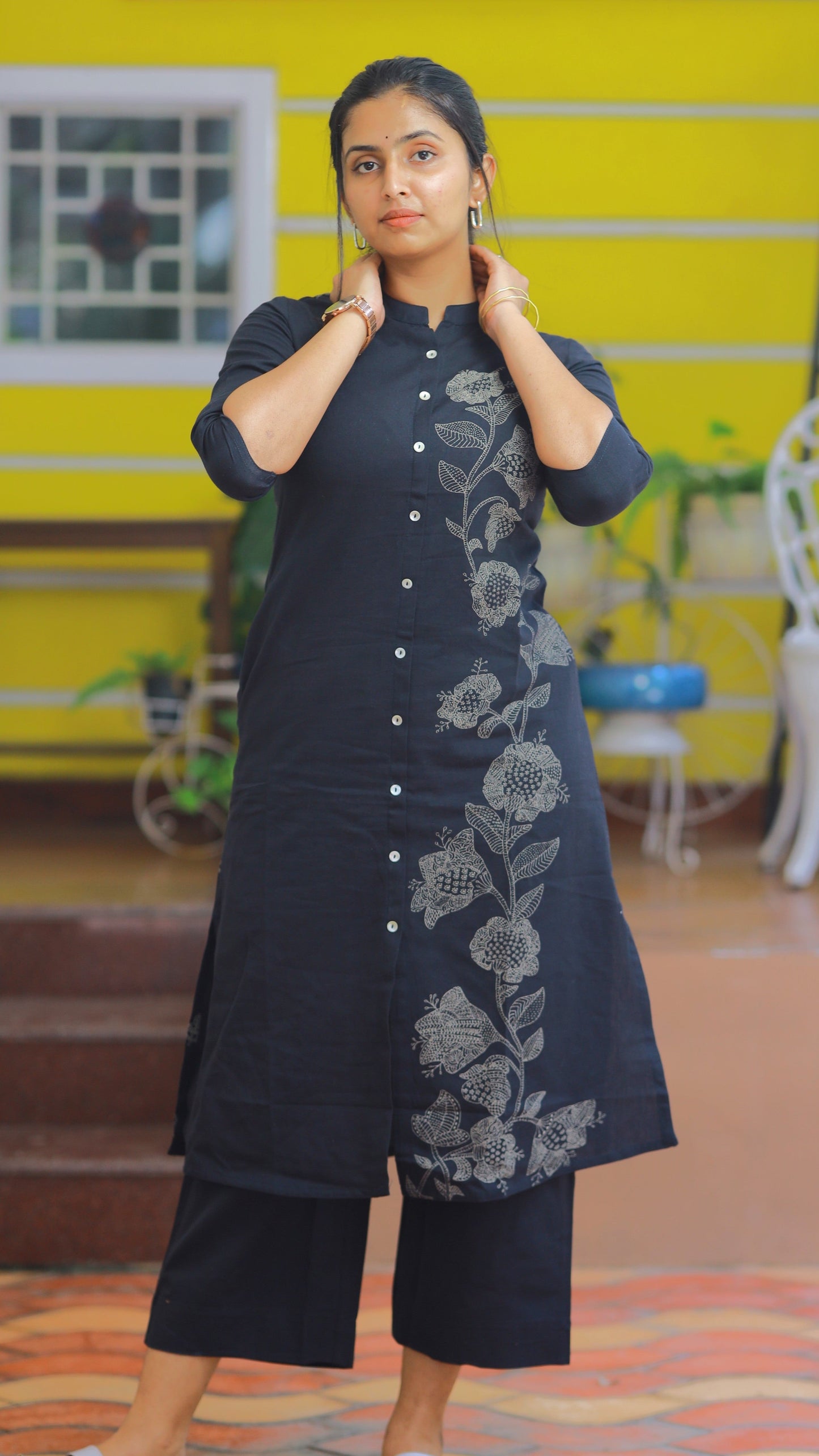 Black One Side Floral Print Co-ord Set