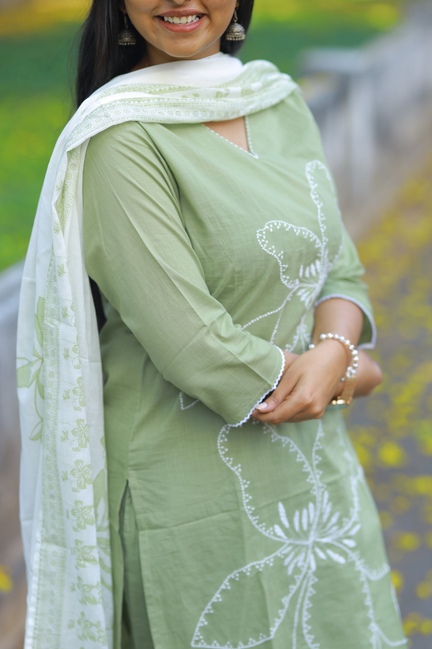Graceful Green 3Pc Mul Cotton Kurta Set with Embroidery Details