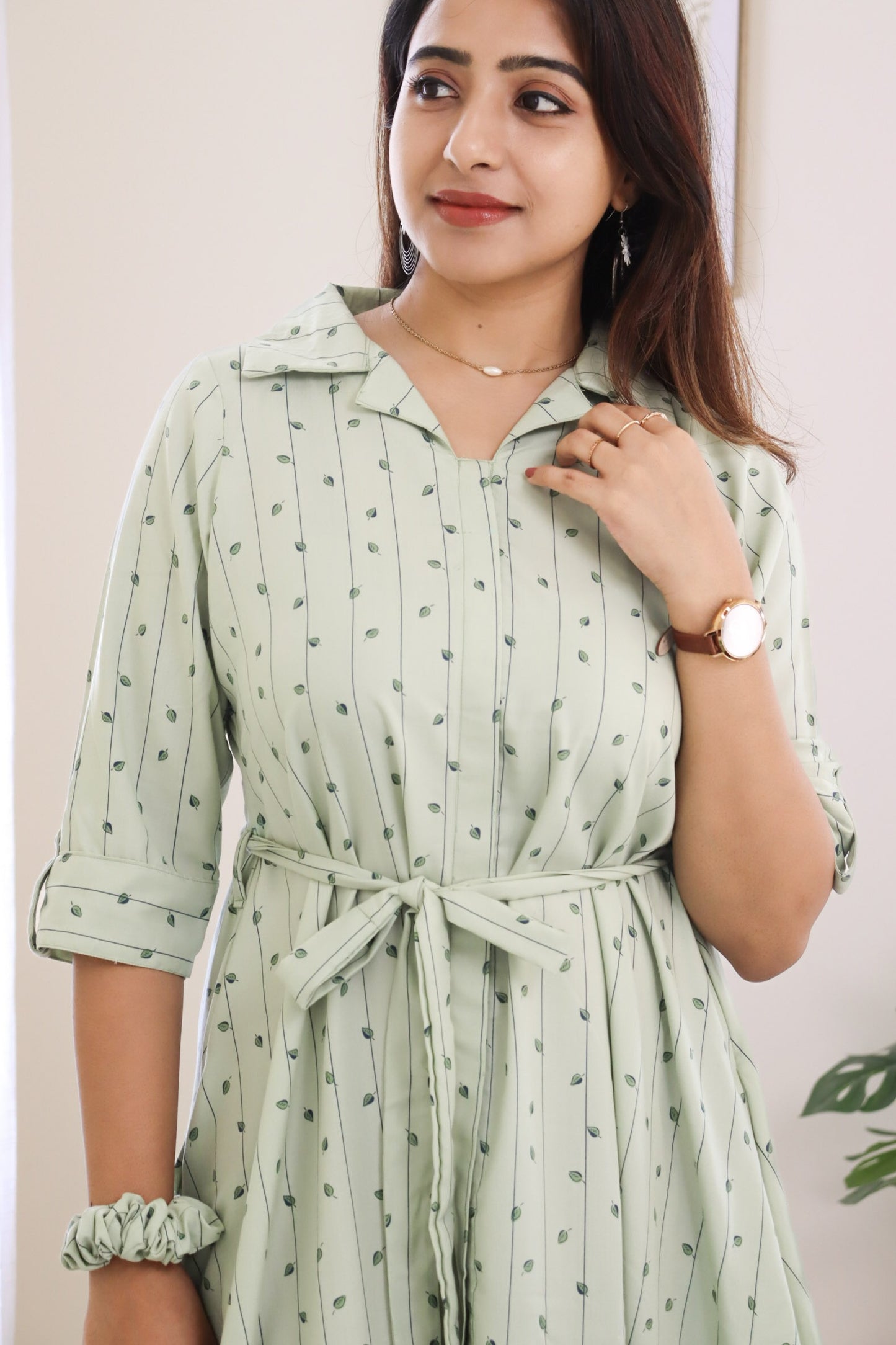 Akriti - Subtle green collared maxi with leaf design