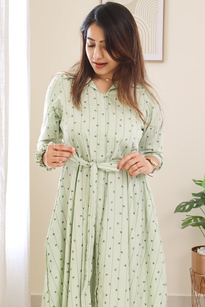 Akriti - Subtle green collared maxi with leaf design