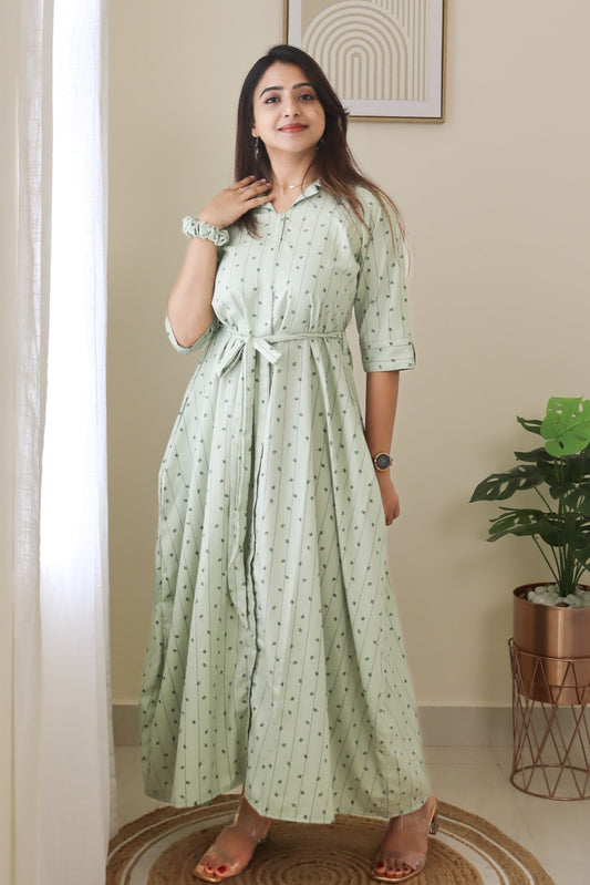 Akriti - Subtle green collared maxi with leaf design