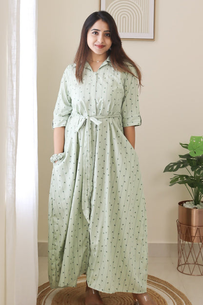 Akriti - Subtle green collared maxi with leaf design