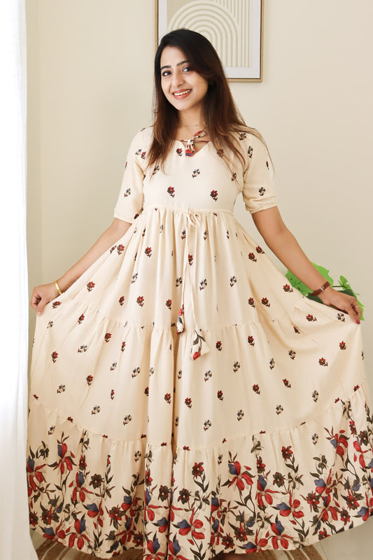 Riya - Beige floral maxi with front tie