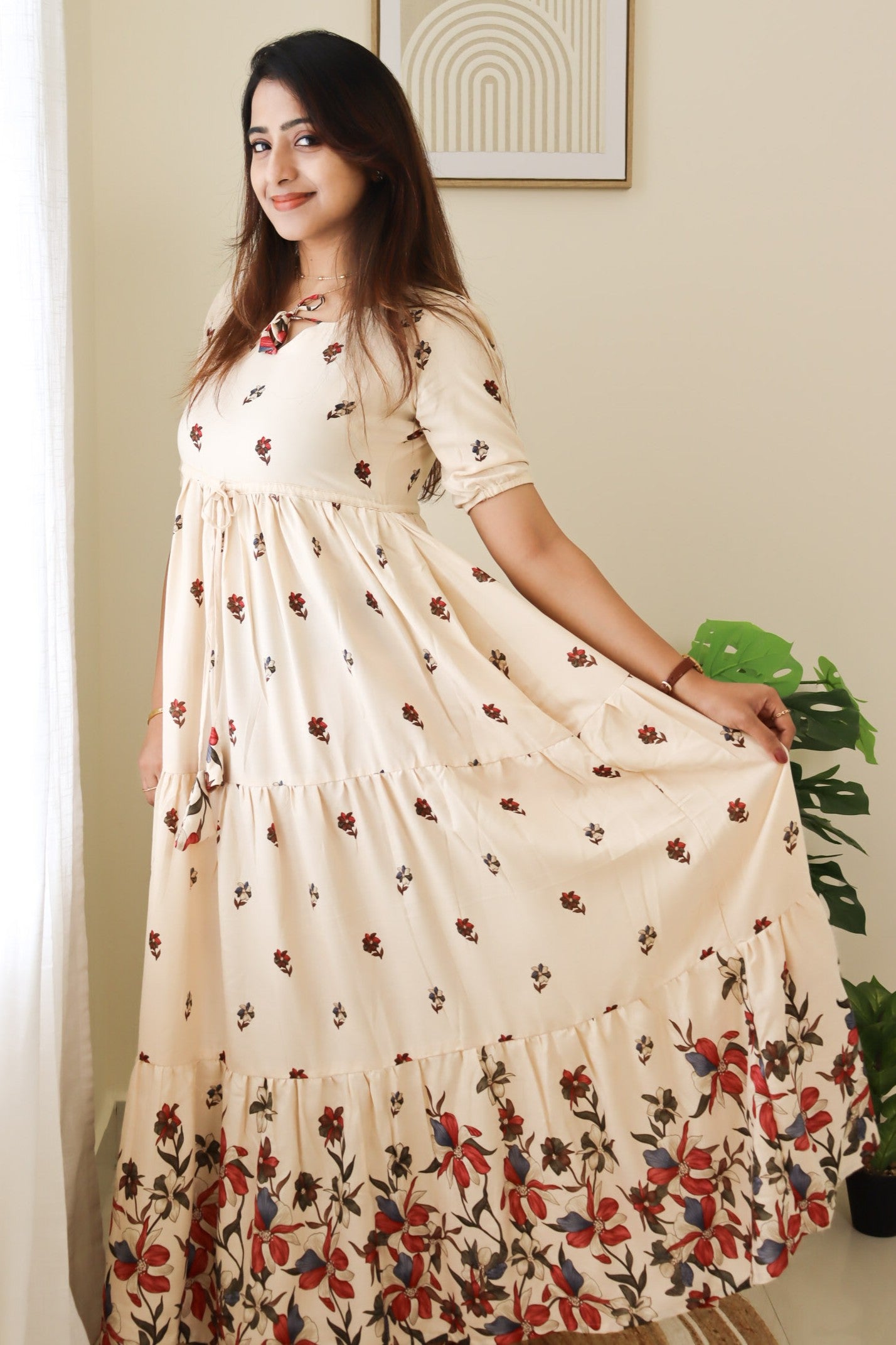 Riya - Beige floral maxi with front tie