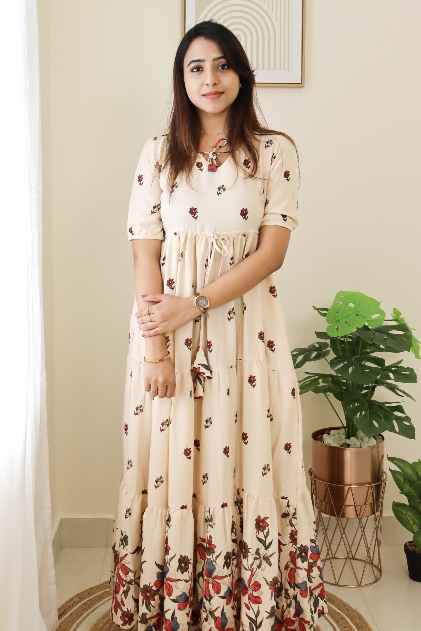 Riya - Beige floral maxi with front tie