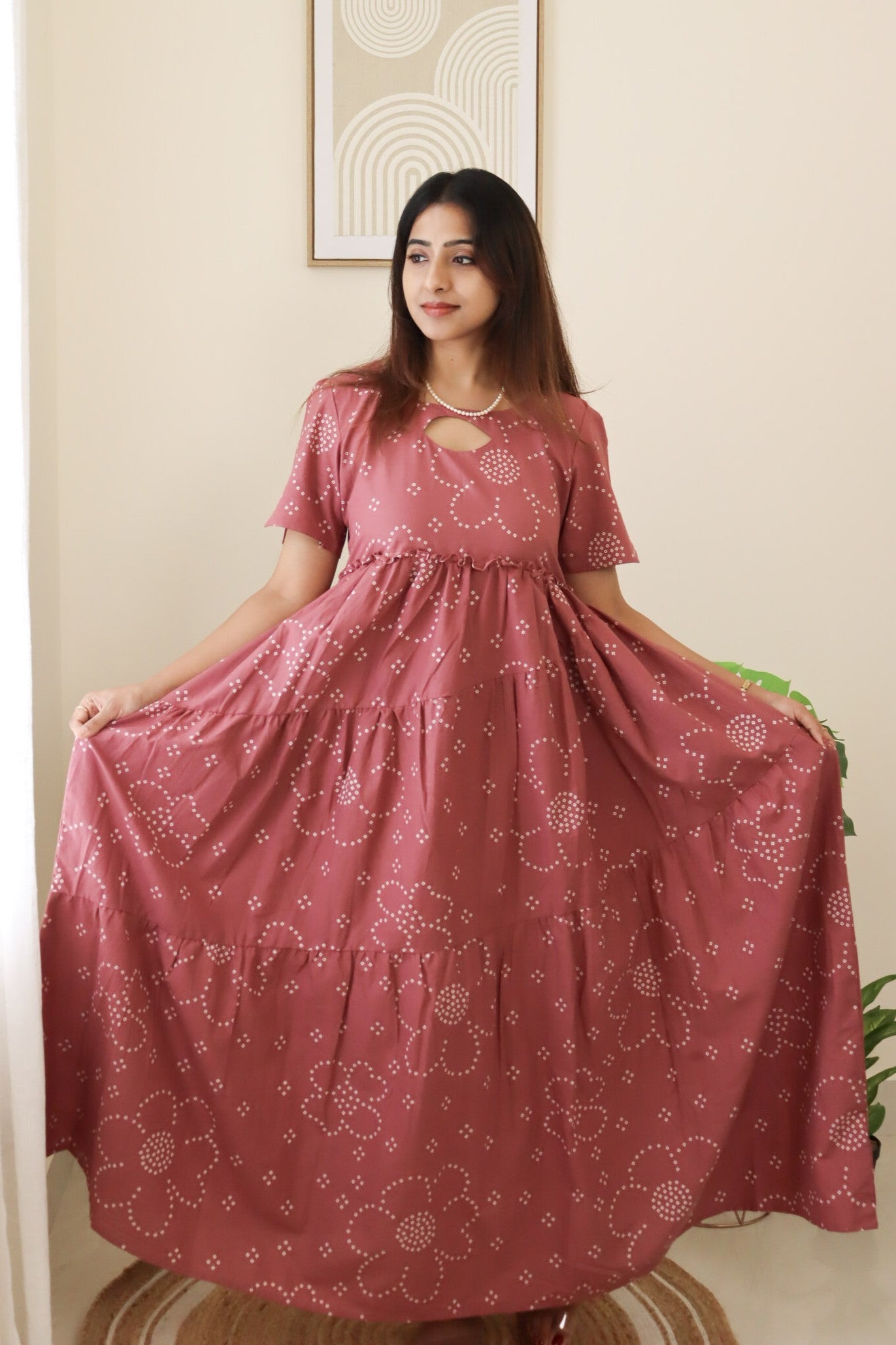 Janani - Pink bandhani maxi with cross-tiers