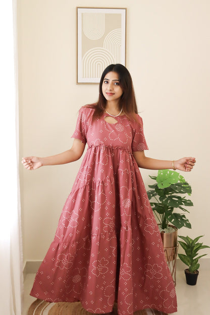 Janani - Pink bandhani maxi with cross-tiers