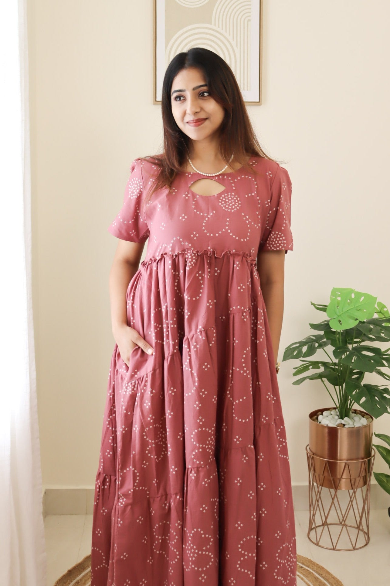 Janani - Pink bandhani maxi with cross-tiers