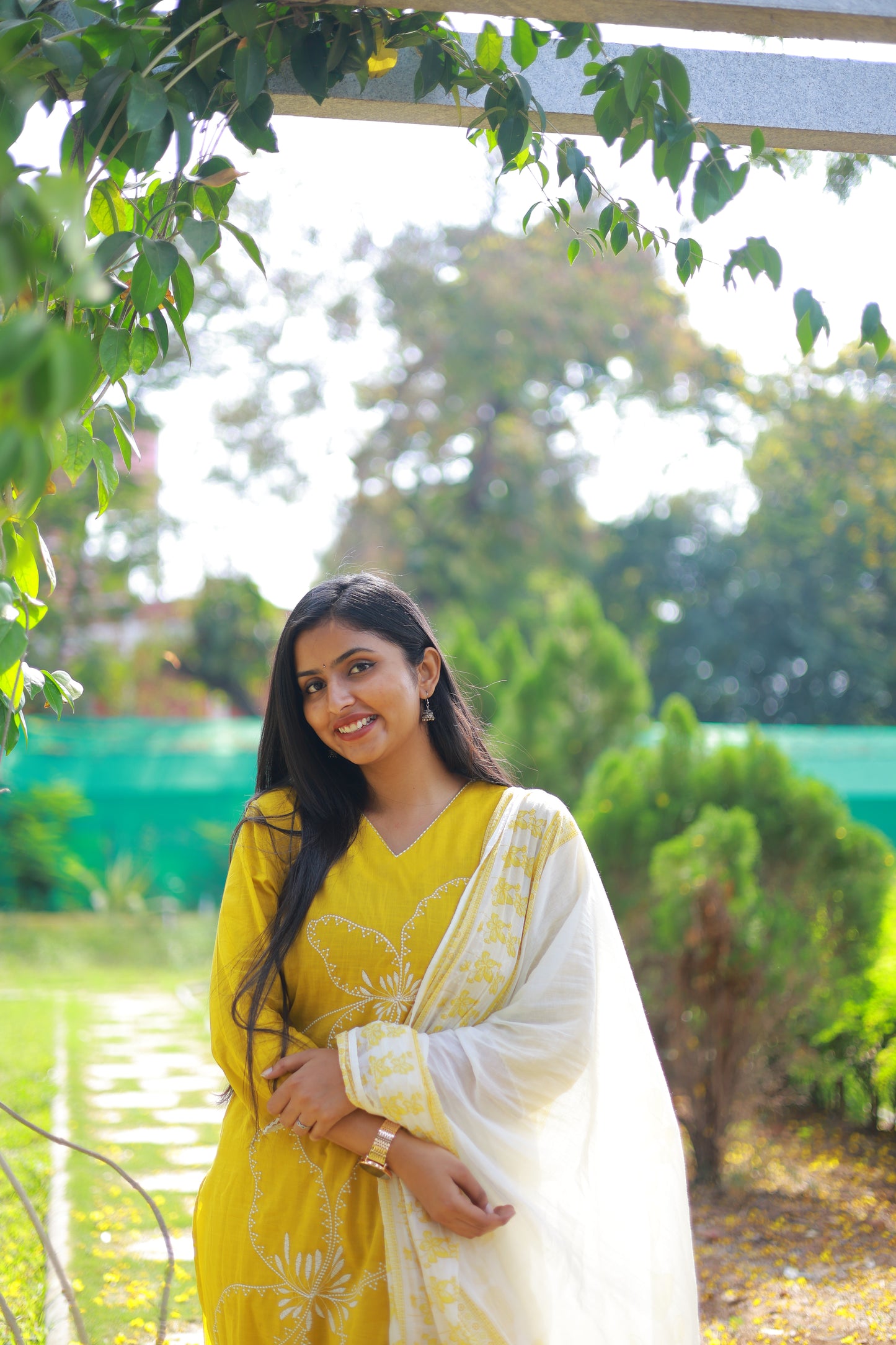 Mustard Yellow 3pc Mul Cotton Set with White Embroidery Details