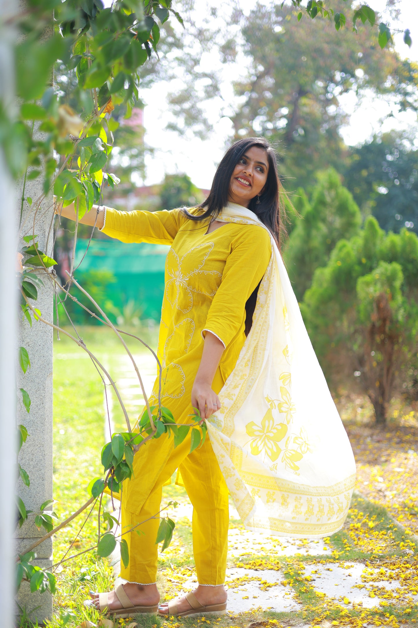 Mustard Yellow 3pc Mul Cotton Set with White Embroidery Details