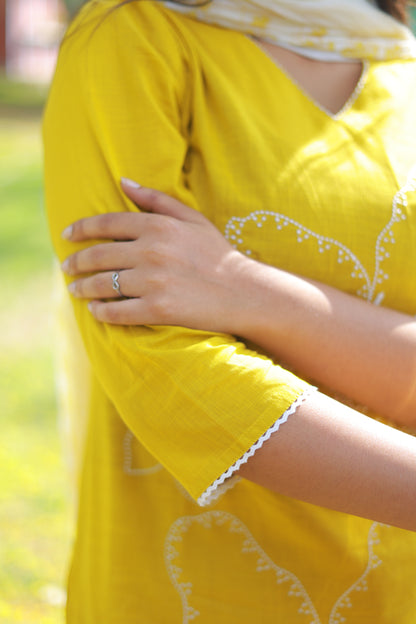 Mustard Yellow 3pc Mul Cotton Set with White Embroidery Details