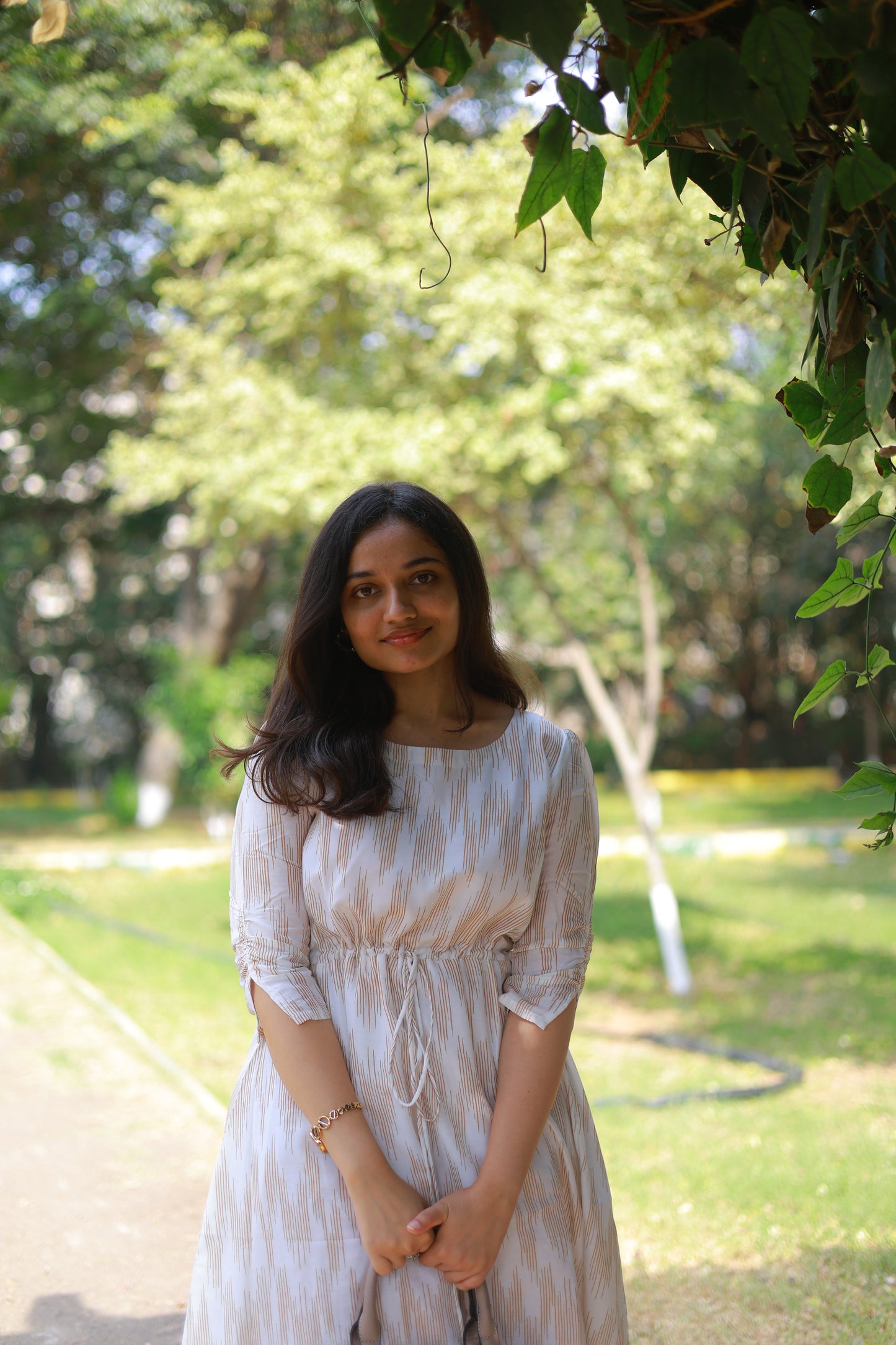 Muslin ikkat print flared maxi with waist tie