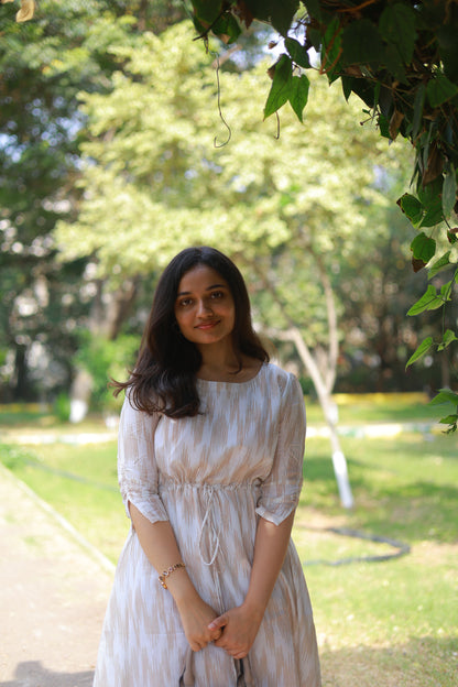 Muslin ikkat print flared maxi with waist tie