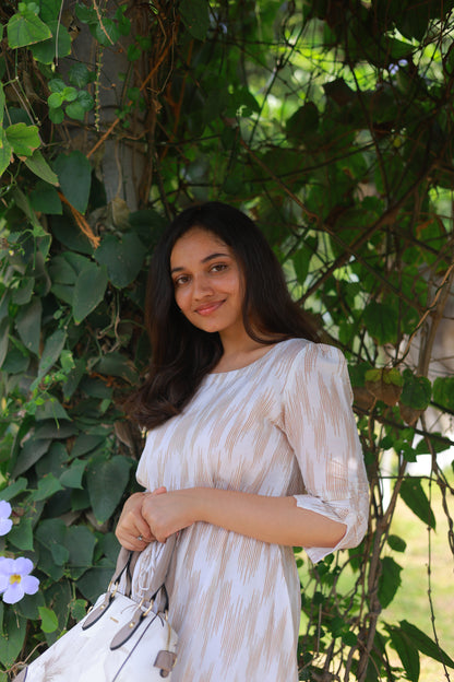 Muslin ikkat print flared maxi with waist tie