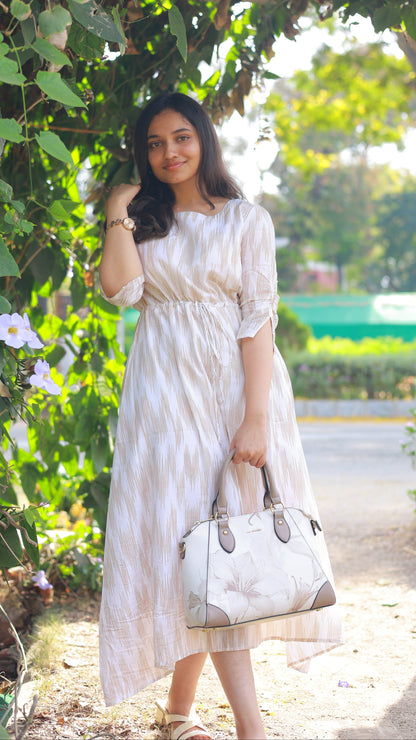 Muslin ikkat print flared maxi with waist tie