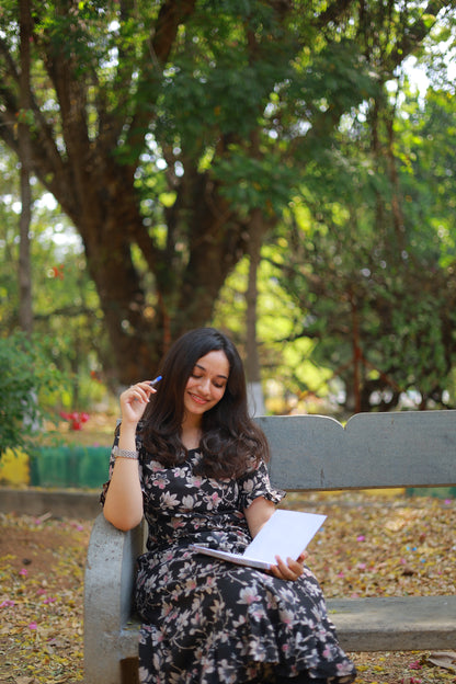 Black Floral Print A-line Kurta