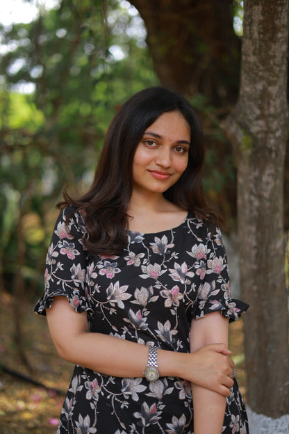 Black Floral Print A-line Kurta