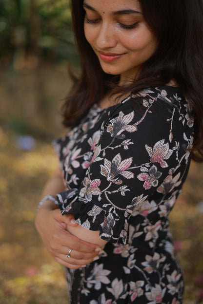 Black Floral Print A-line Kurta