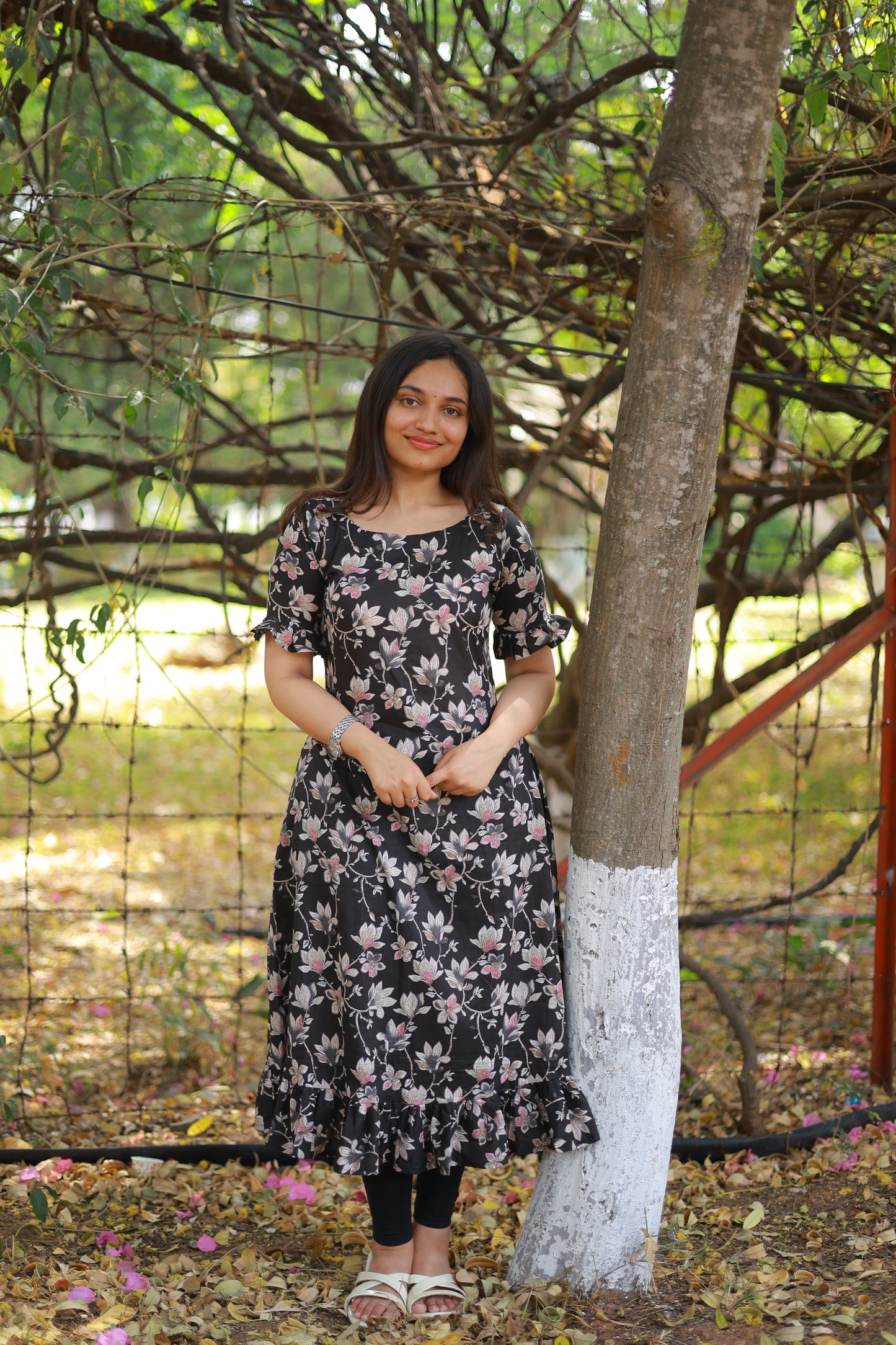 Black Floral Print A-line Kurta