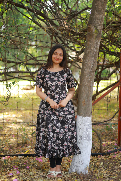 Black Floral Print A-line Kurta