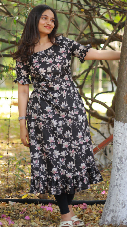 Black Floral Print A-line Kurta