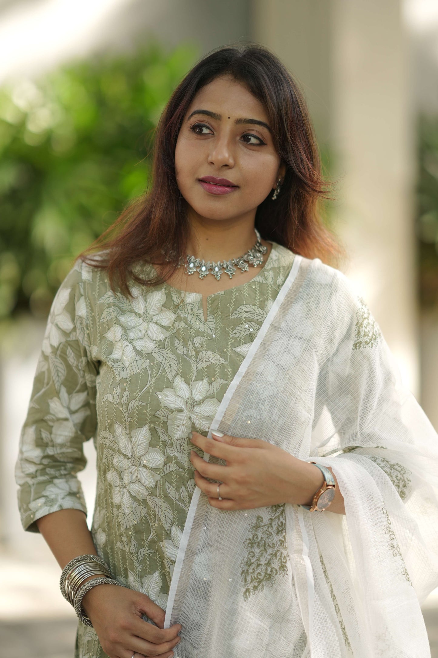 Priya - green 3pc kurta set with kantha embroidery & sequins