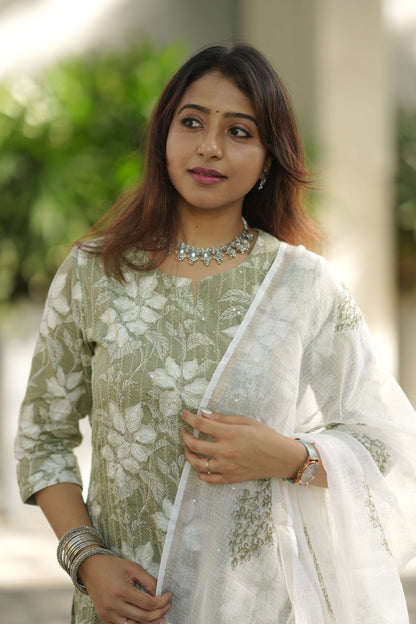 Priya - green 3pc kurta set with kantha embroidery & sequins