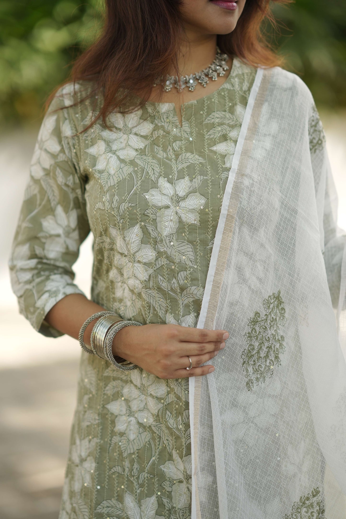 Priya - green 3pc kurta set with kantha embroidery & sequins