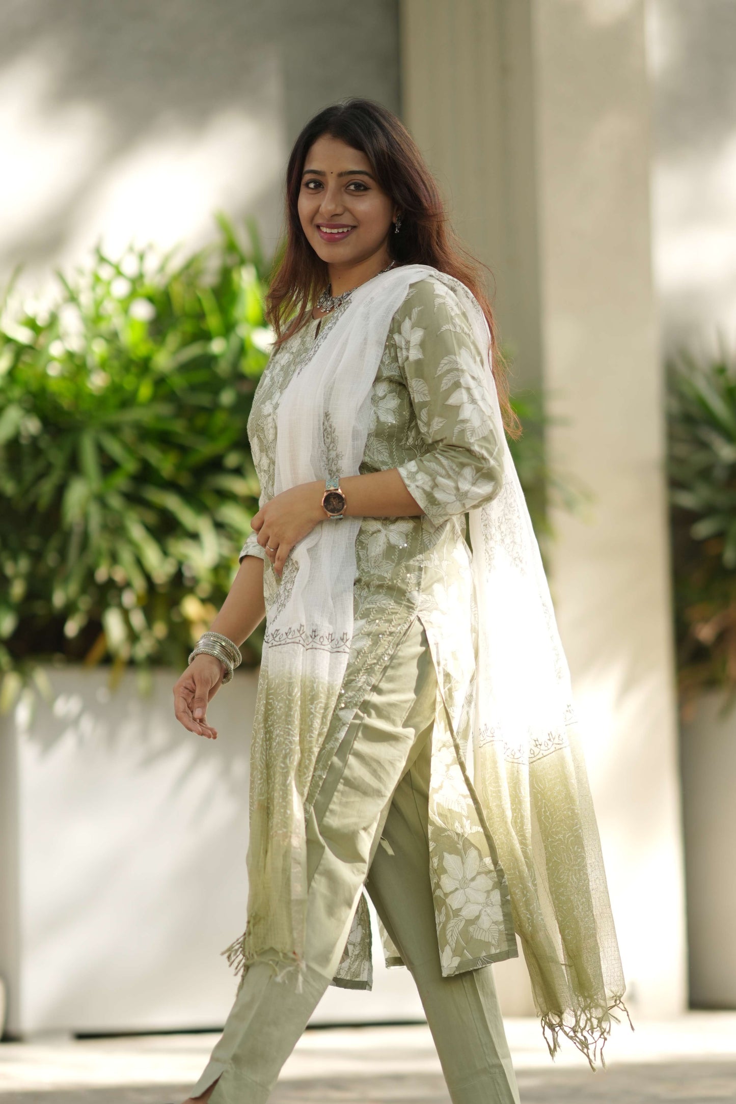 Priya - green 3pc kurta set with kantha embroidery & sequins