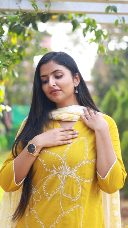 Mustard Yellow 3pc Mul Cotton Set with White Embroidery Details