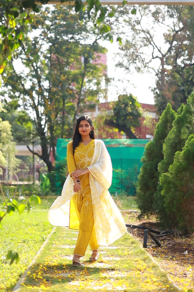 Mustard Yellow 3pc Mul Cotton Set with White Embroidery Details