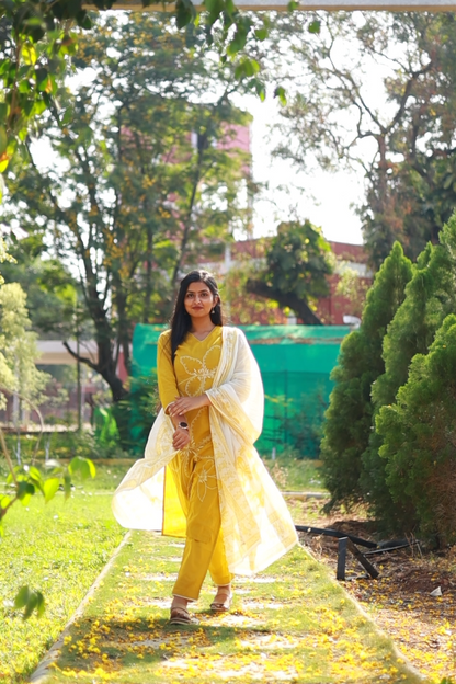 Mustard Yellow 3pc Mul Cotton Set with White Embroidery Details