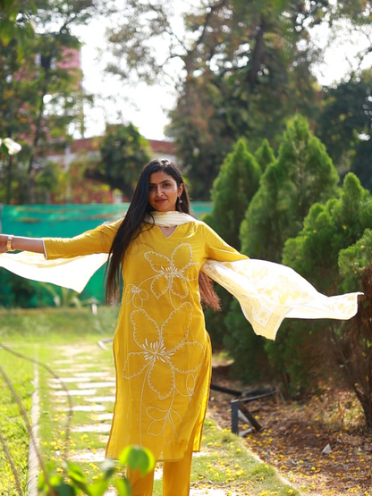 Mustard Yellow 3pc Mul Cotton Set with White Embroidery Details